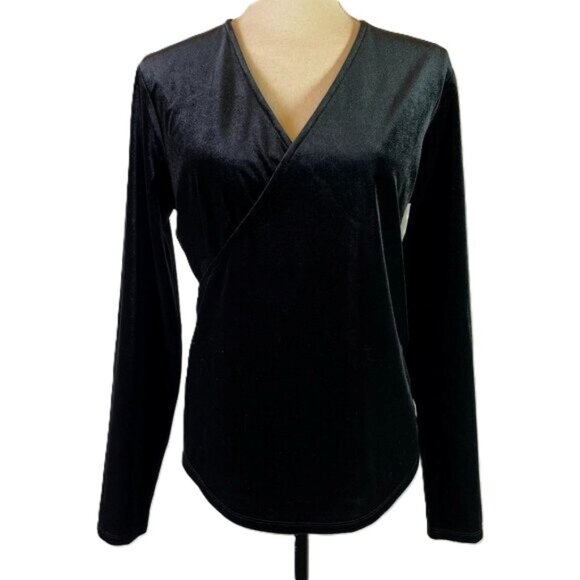 Sundance Morgan Black Velvet Faux Wrap Top V Neck Long Sleeves Size M - Picture 1 of 12